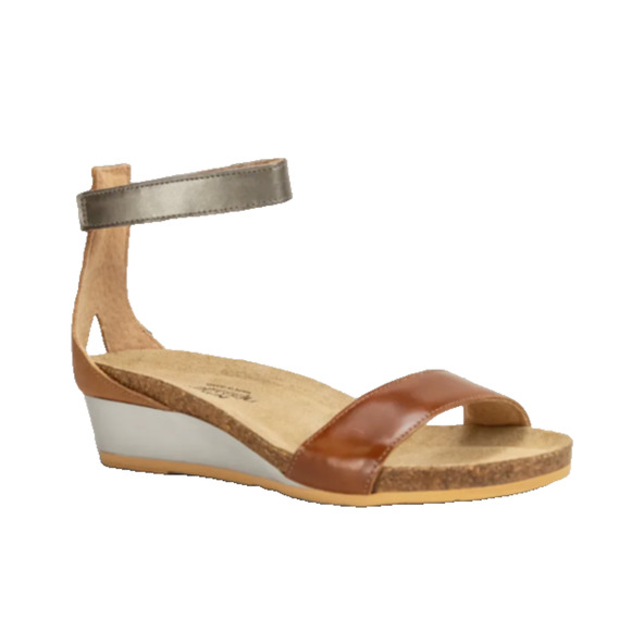 Naot Pixie Ankle Strap Wedge Sandal Size 40 Brown Silver Leather Comfort - Picture 1 of 10